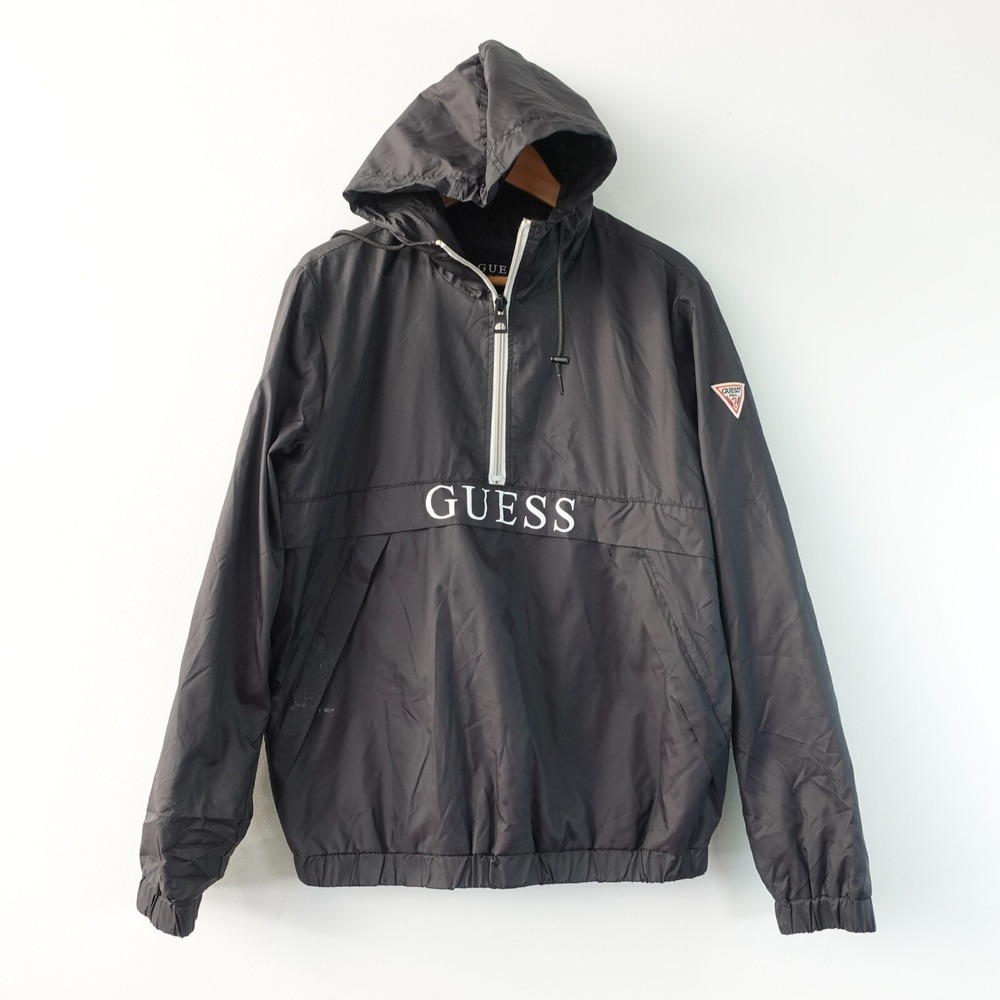 Guess Mens Small Black Windbreaker Zip Up Jacket Logo Spell Out Popover